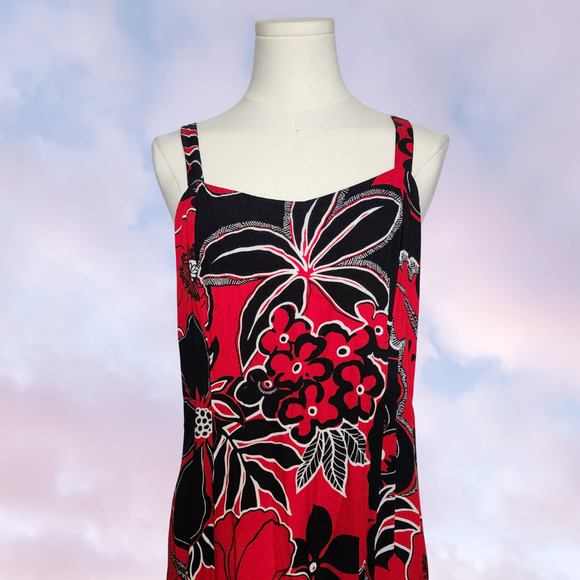 Vtg Y2k Serendipity Maui Red Black Floral Hibiscus Tropical Sun Dress Sz M - Picture 2 of 8